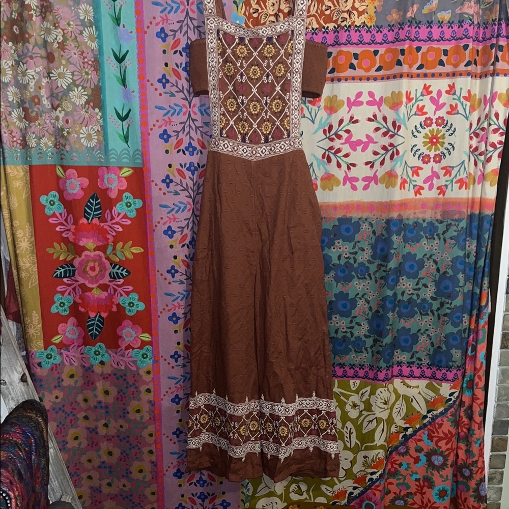 ANTHROPOLOGY Boho Brown Cotton Blend Embroidered Jumpsuit Size Small